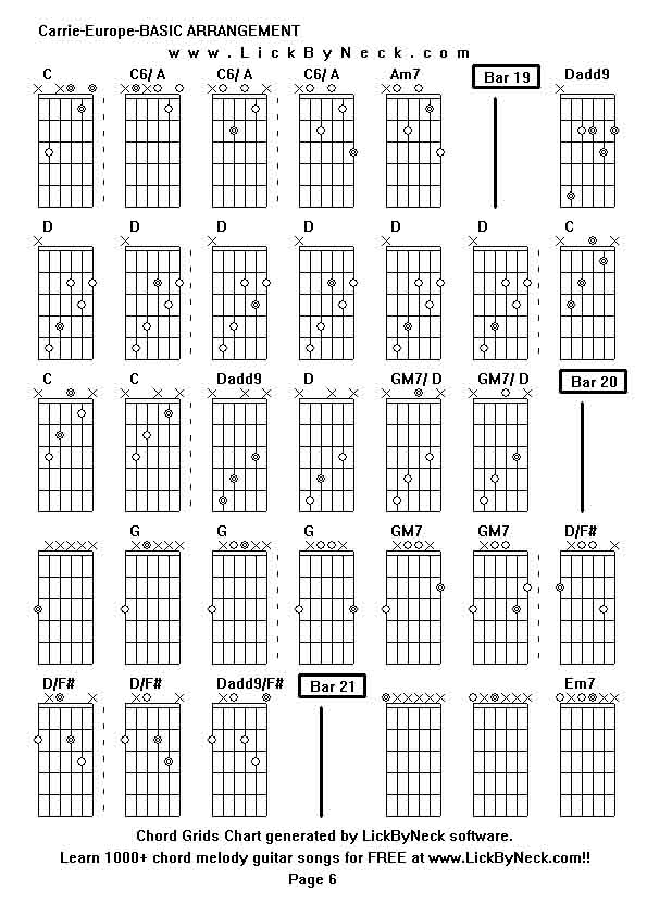 Chord Grids Chart of chord melody fingerstyle guitar song-Carrie-Europe-BASIC ARRANGEMENT,generated by LickByNeck software.